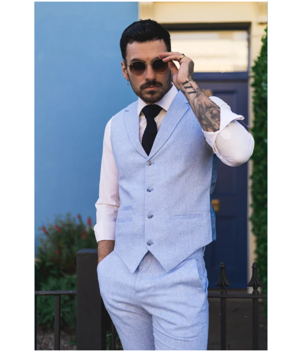 TP-13 - Men's Summer Suit Waistcoat Trousers Linen Formal Baby Blue Wedding