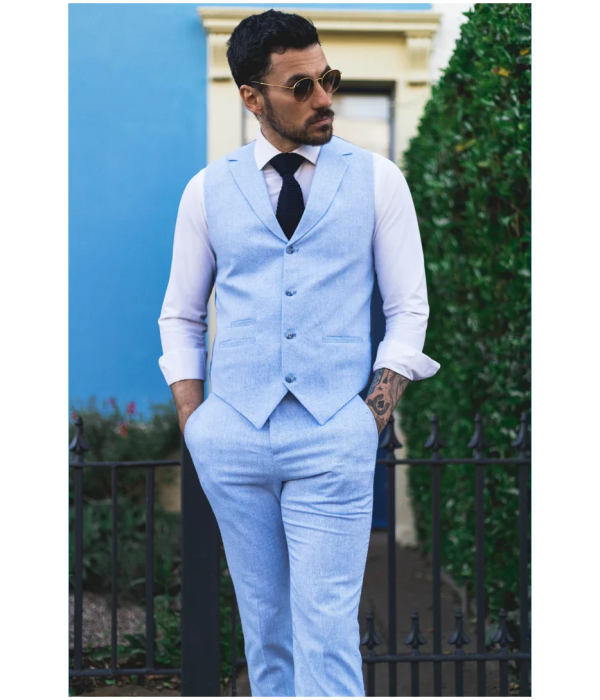 TP-13 - Men's Summer Suit Waistcoat Trousers Linen Formal Baby Blue Wedding