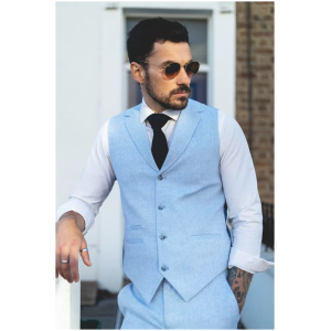 TP-13 – Men’s Summer Suit Waistcoat Trousers Linen Formal Baby Blue Wedding