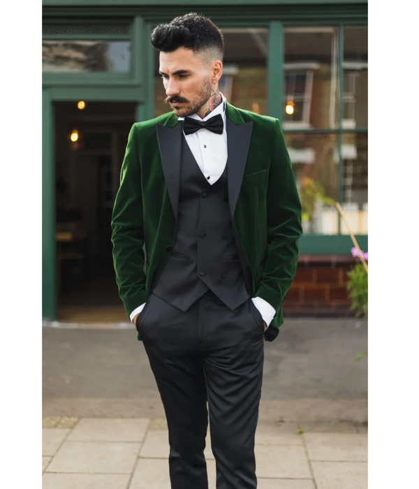 Men's Green Velvet Tux Blazer Satin Lapels Dinner Wedding Prom Black Tie