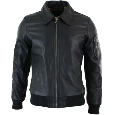 Men's Leather Harrington Black Bomber Classic Pilot Jacket