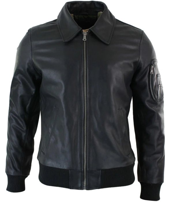 Men's Leather Harrington Black Bomber Classic Pilot Jacket