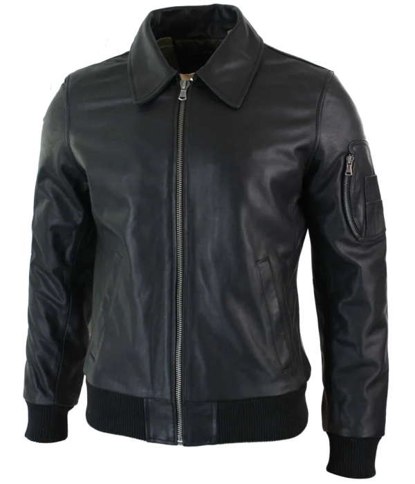 Men's Leather Harrington Black Bomber Classic Pilot Jacket