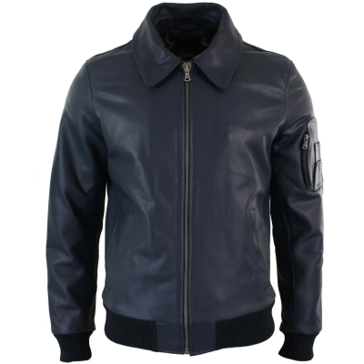 Men's Leather Harrington Navy Bomber Classic Pilot Jacket