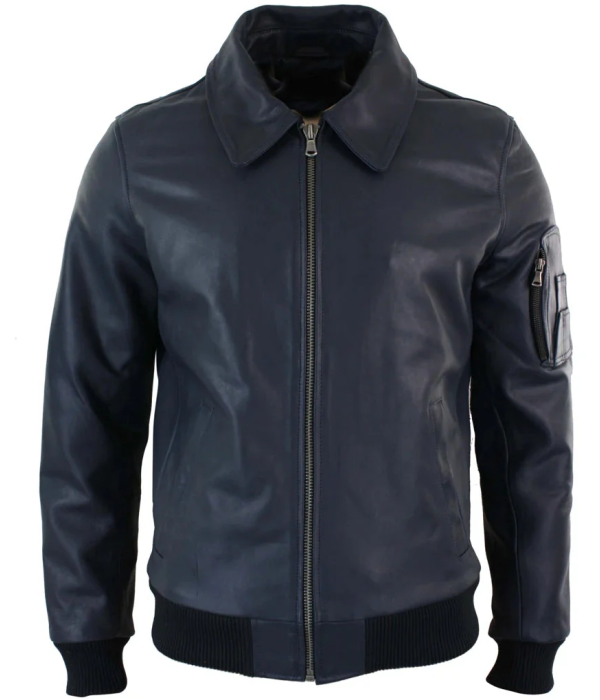 Men's Leather Harrington Navy Bomber Classic Pilot Jacket