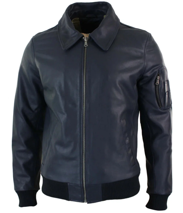 Men's Leather Harrington Navy Bomber Classic Pilot Jacket