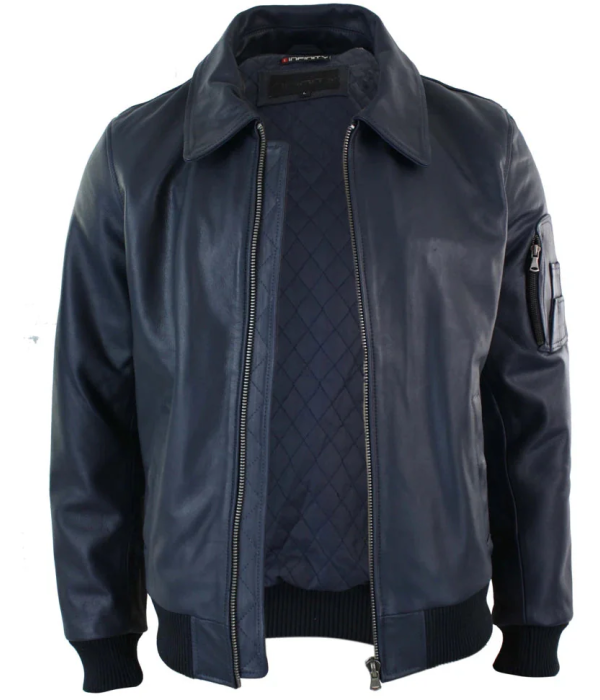 Men's Leather Harrington Navy Bomber Classic Pilot Jacket