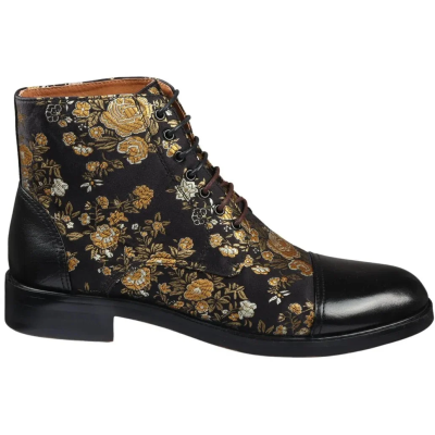 Adam- Men's Floral Print Leather Oxford Ankle Black Boots