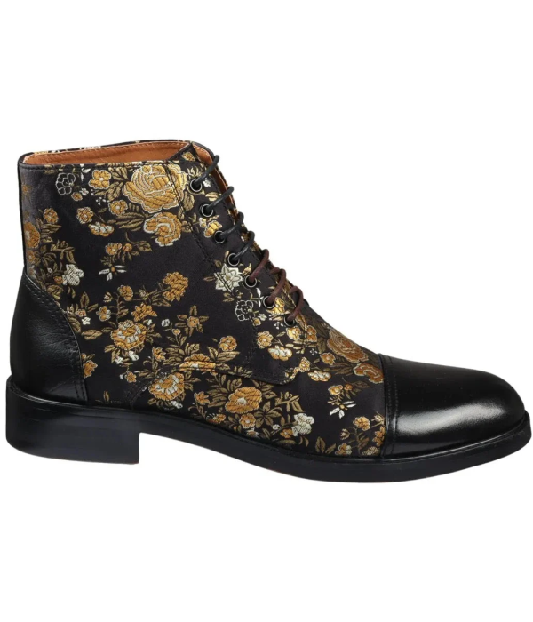 Adam- Men's Floral Print Leather Oxford Ankle Black Boots