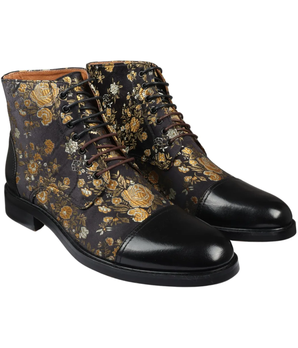 Adam- Men's Floral Print Leather Oxford Ankle Black Boots