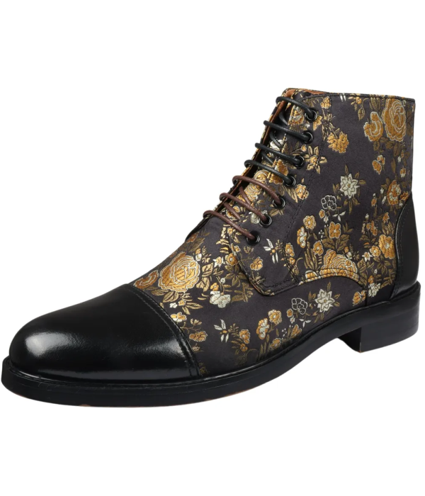 Adam- Men's Floral Print Leather Oxford Ankle Black Boots