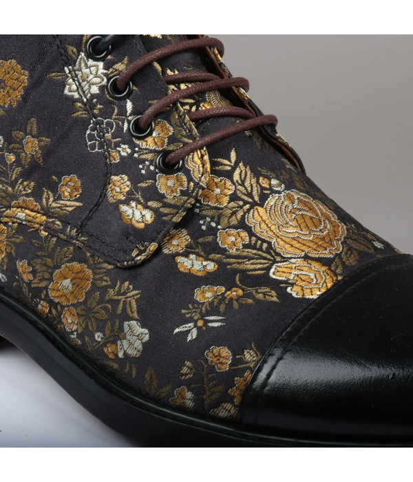 Adam- Men's Floral Print Leather Oxford Ankle Black Boots