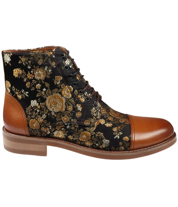 Adan - Men's Floral Print Leather Oxford Ankle Brown Boots