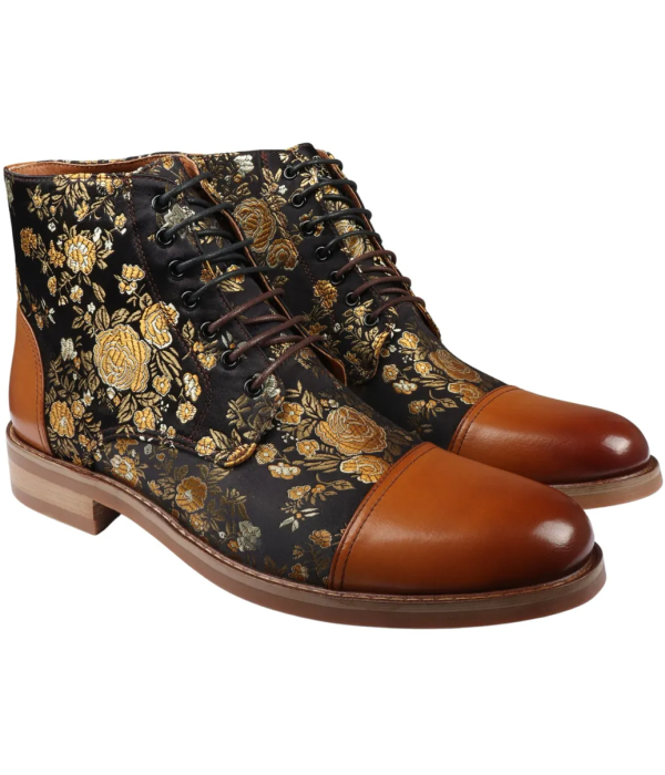 Adan - Men's Floral Print Leather Oxford Ankle Brown Boots