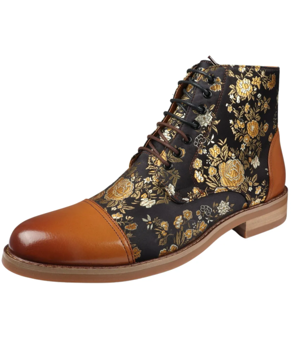 Adan - Men's Floral Print Leather Oxford Ankle Brown Boots