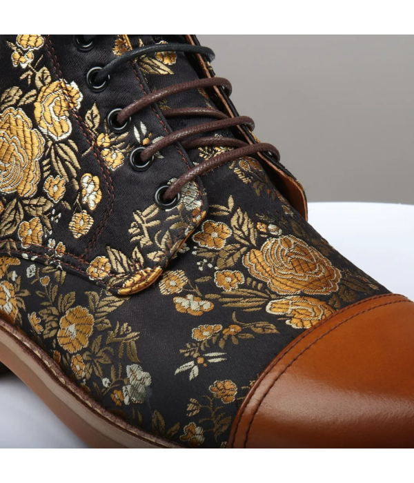 Adan - Men's Floral Print Leather Oxford Ankle Brown Boots