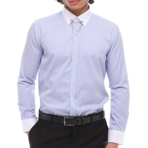 Men’s Stripe Button Down Poplin Shirt With Bar & Chain Formal Classic