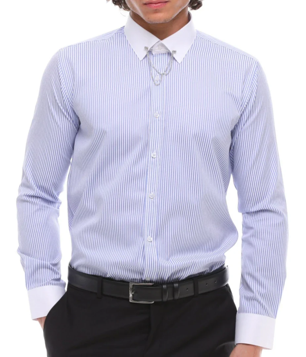 Men's Stripe Button Down Poplin Shirt With Bar & Chain Formal Classic