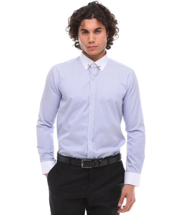 Men's Stripe Button Down Poplin Shirt With Bar & Chain Formal Classic