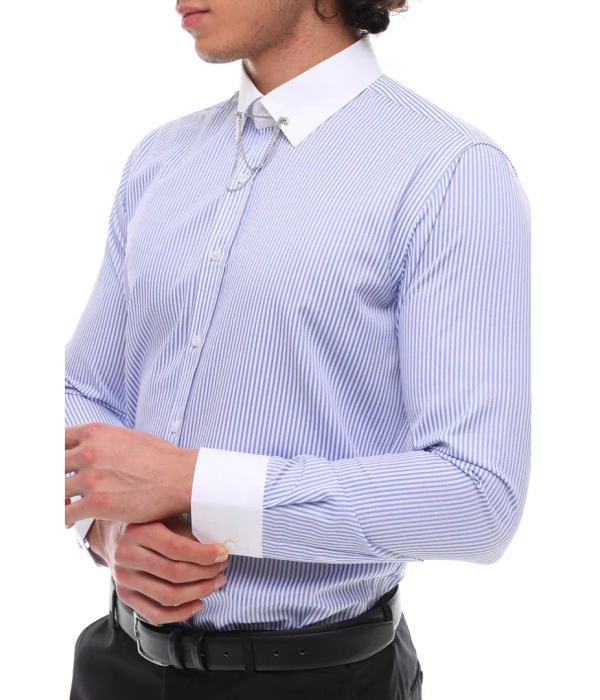 Men's Stripe Button Down Poplin Shirt With Bar & Chain Formal Classic