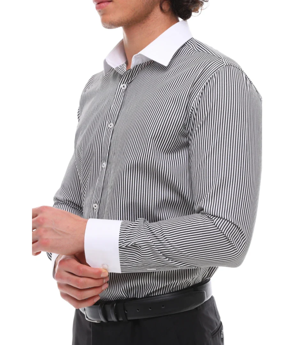 Men's Button Down Stripe Dress Shirt Formal Classic Collar - Black