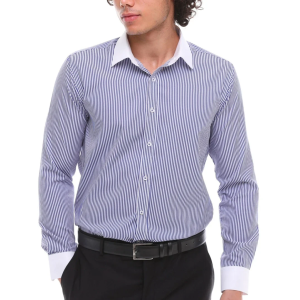 Men’s Button Down Stripe Dress Shirt Formal Classic Collar – Blue