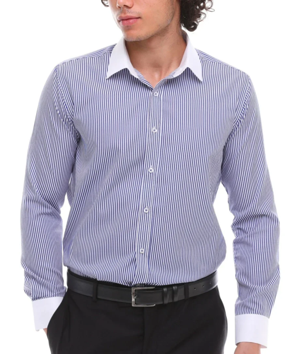 Men's Button Down Stripe Dress Shirt Formal Classic Collar - Blue