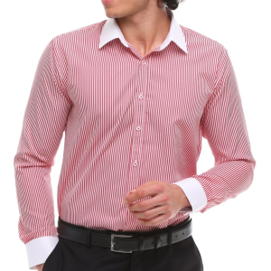 Men’s Button Down Stripe Dress Shirt Formal Classic Collar – Red