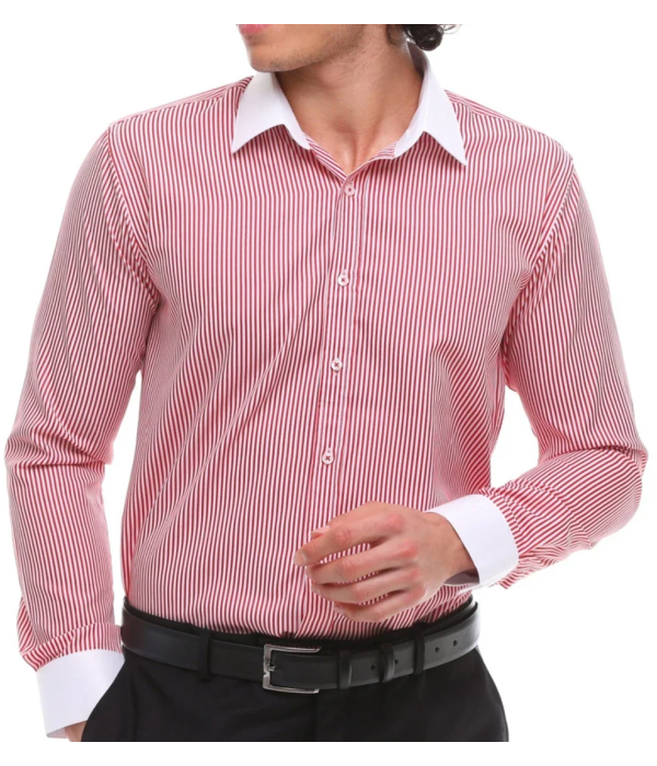 Men's Button Down Stripe Dress Shirt Formal Classic Collar - Red