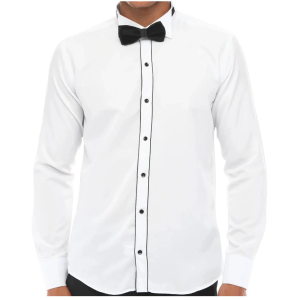 Men’s Wing Collar Shirt Tuxedo White Black Piping Double Cuff Dinner Classic