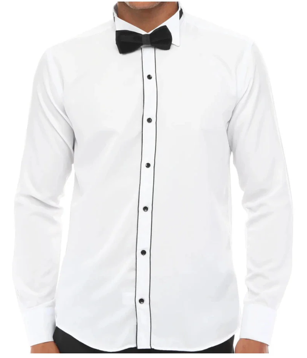 Men's Wing Collar Shirt Tuxedo White Black Piping Double Cuff Dinner Classic