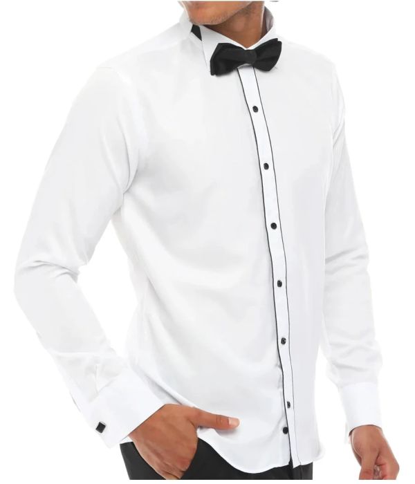 Men's Wing Collar Shirt Tuxedo White Black Piping Double Cuff Dinner Classic