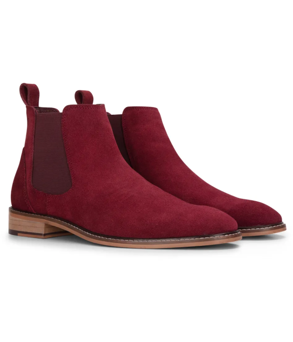 Men's Burgundy Suede Leather Slip On Chelsea Ankle Boots