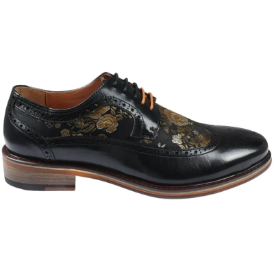 Ross - Men's Floral Print Leather Black Brogue Shoes