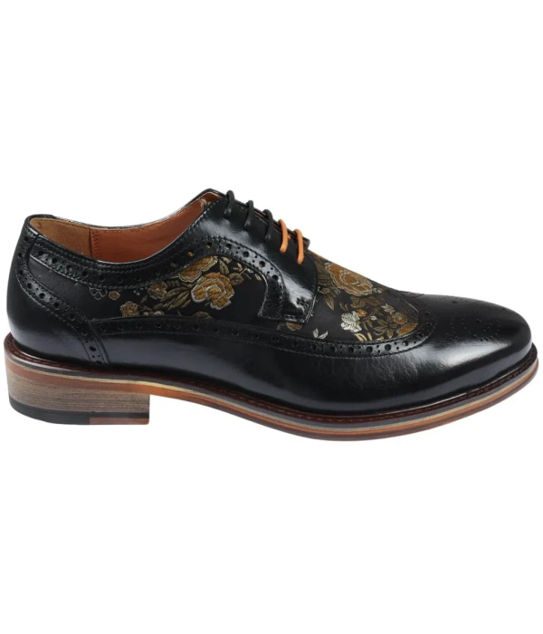 Ross - Men's Floral Print Leather Black Brogue Shoes