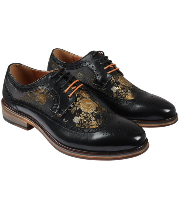 Ross - Men's Floral Print Leather Black Brogue Shoes