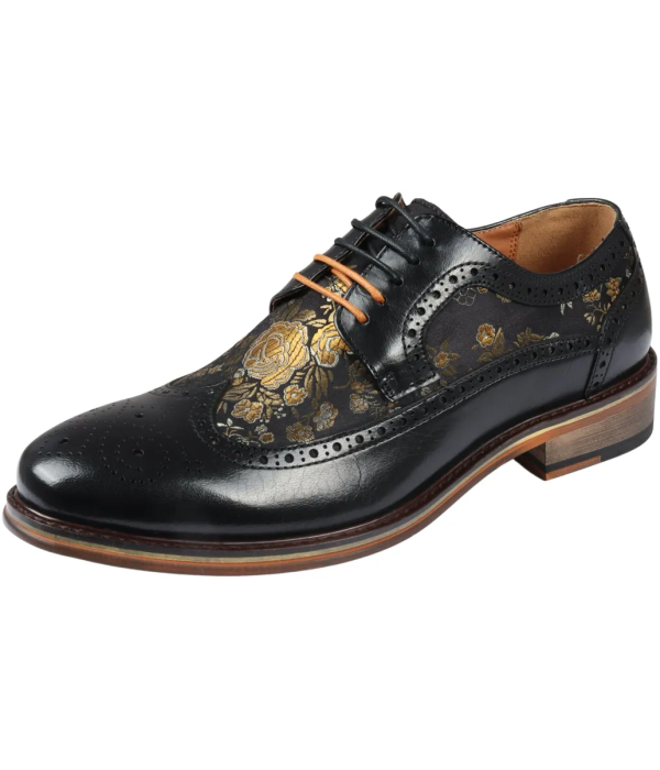 Ross - Men's Floral Print Leather Black Brogue Shoes