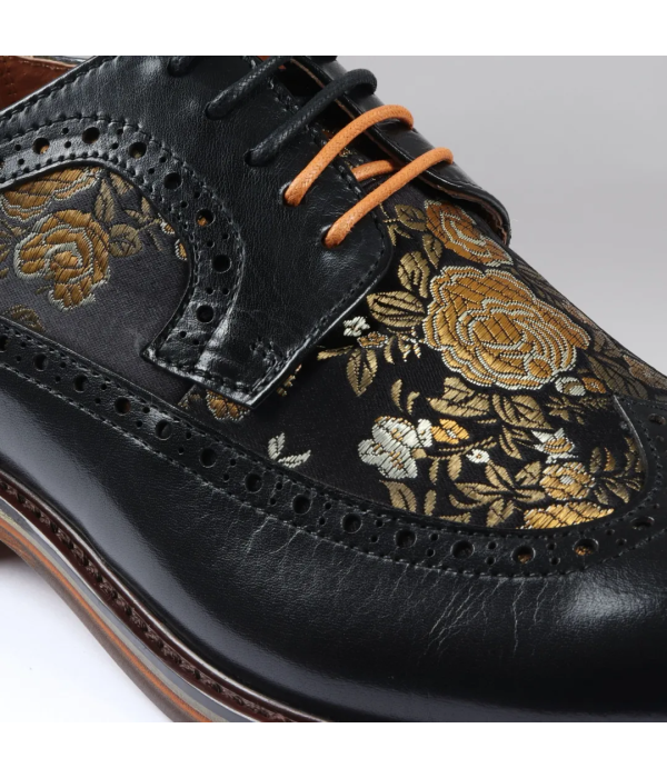 Ross - Men's Floral Print Leather Black Brogue Shoes