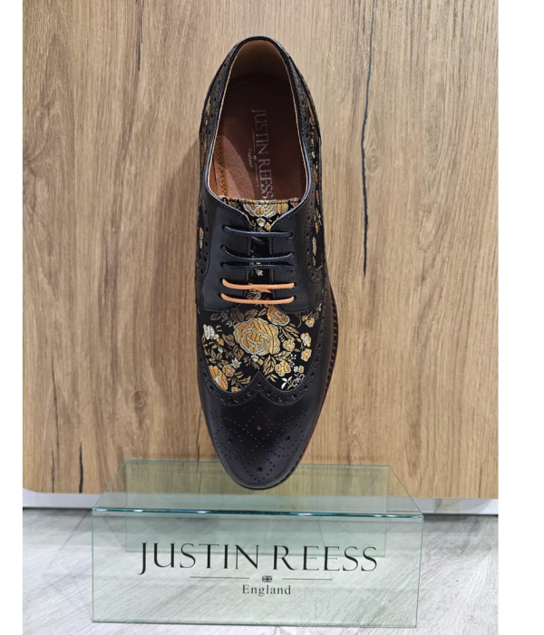 Ross - Men's Floral Print Leather Black Brogue Shoes