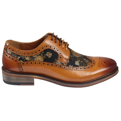 Ross - Men's Floral Print Leather Brown Brogue Shoes