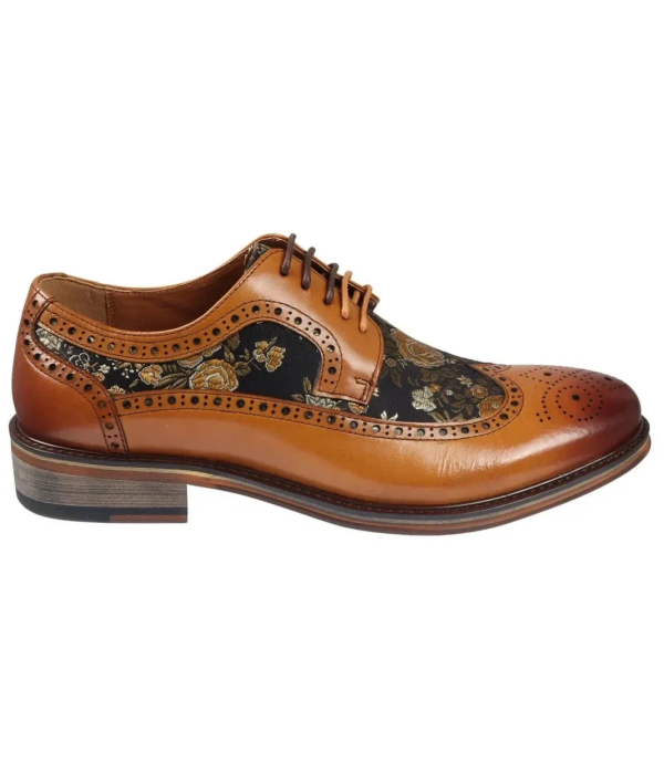 Ross - Men's Floral Print Leather Brown Brogue Shoes