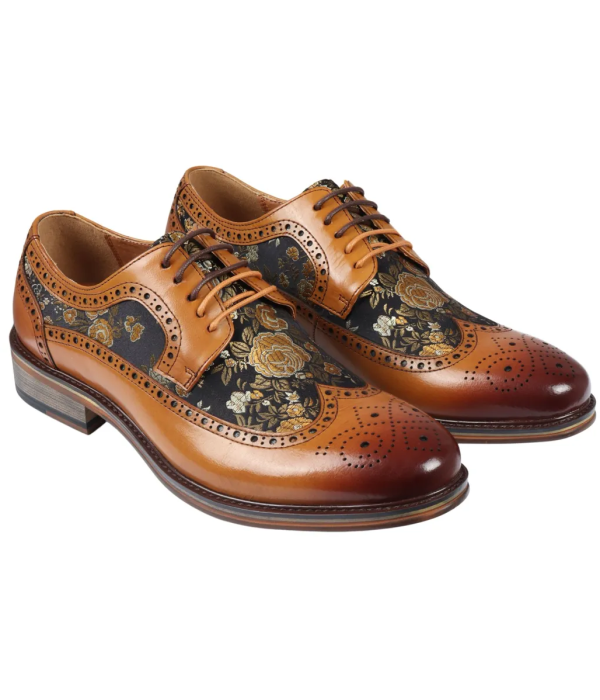 Ross - Men's Floral Print Leather Brown Brogue Shoes