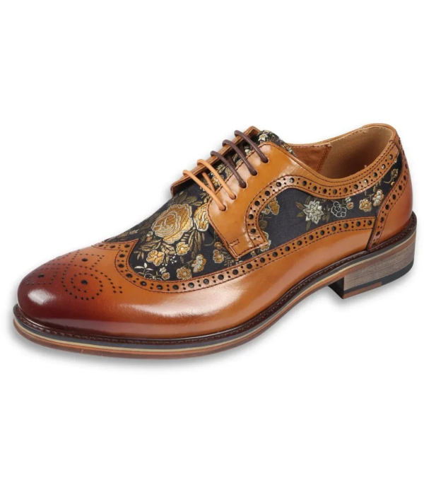 Ross - Men's Floral Print Leather Brown Brogue Shoes