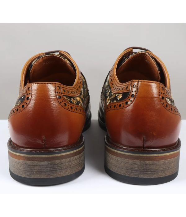 Ross - Men's Floral Print Leather Brown Brogue Shoes