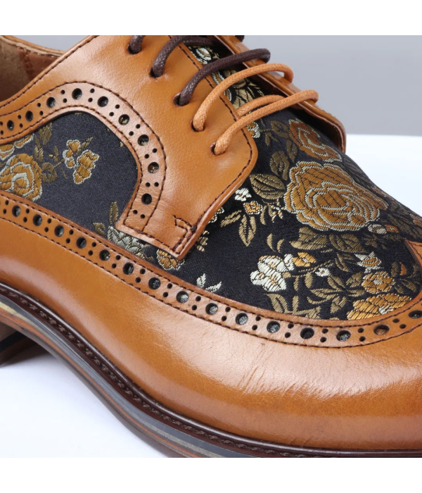 Ross - Men's Floral Print Leather Brown Brogue Shoes