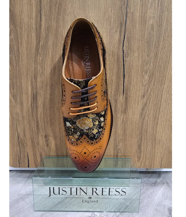 Ross - Men's Floral Print Leather Brown Brogue Shoes