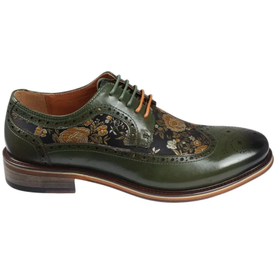 Ross - Men's Floral Print Leather Green Brogue Shoes