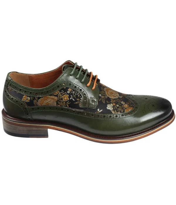 Ross - Men's Floral Print Leather Green Brogue Shoes