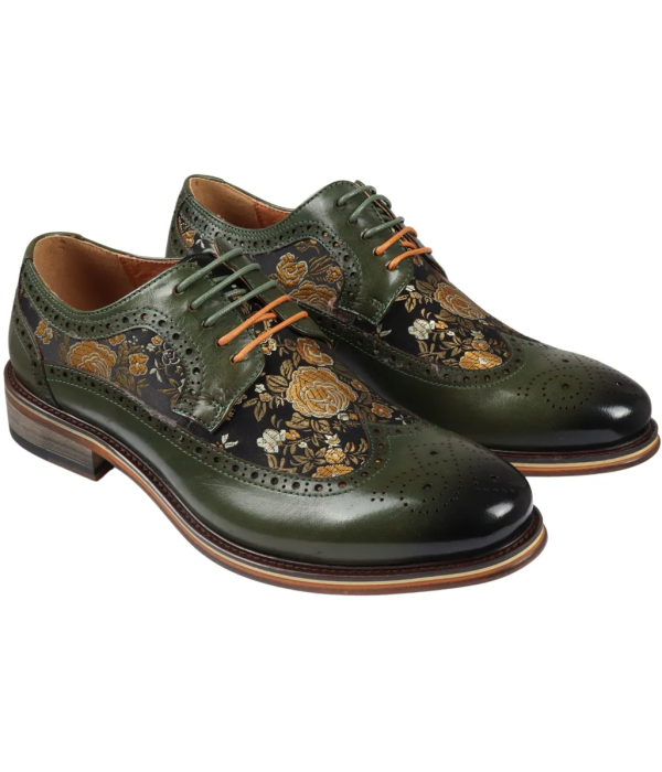 Ross - Men's Floral Print Leather Green Brogue Shoes