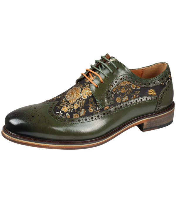 Ross - Men's Floral Print Leather Green Brogue Shoes